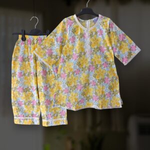 Yellow floral cotton kamiz-pant set E29T4